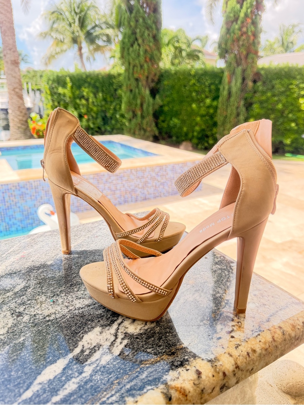 TOP Moda Beige Platform Stiletto Sandals with Rhinestone Straps